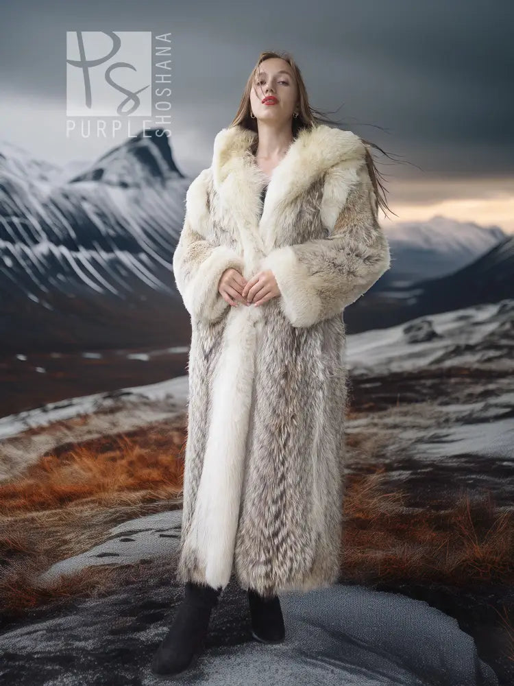 Full-length fur parka with dramatic fur-lined hood, cream and tan