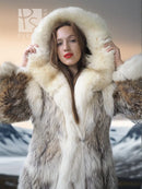 Full-length fur parka with dramatic hood, cream and taupe patterned fur sleeves.