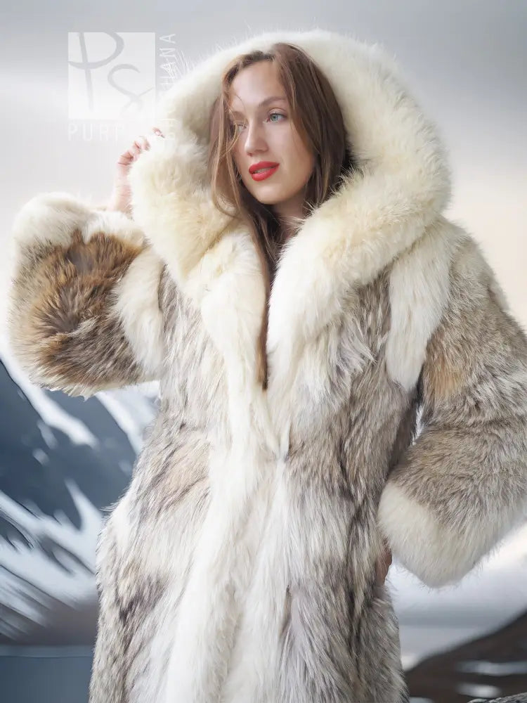 Full-length fur parka with hood framing face, cream hood fur and taupe fur panels.