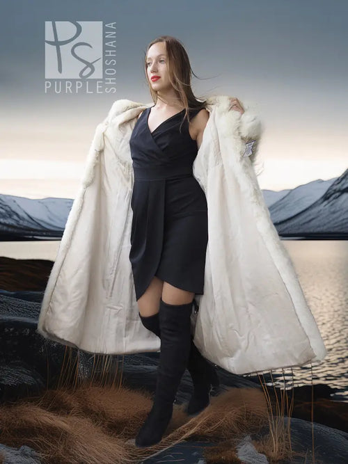 Full-length coyote parka with fur-lined hood and open front, front view.