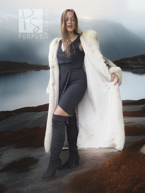 Full-length fur parka with open front and fur-lined hood, light beige