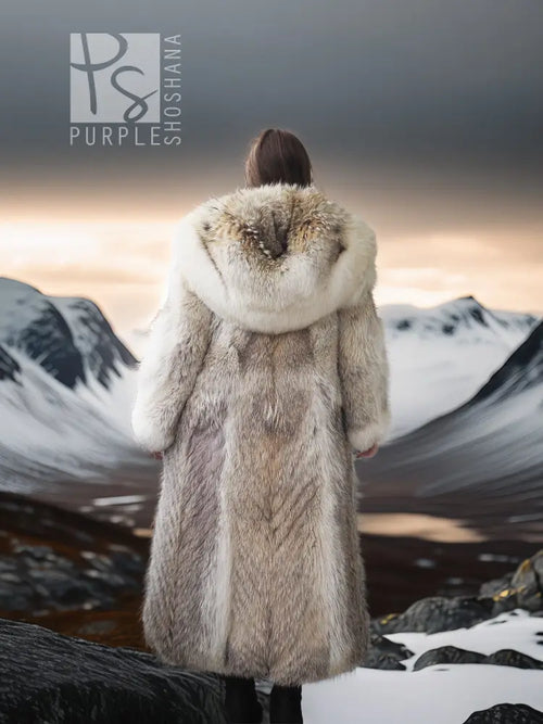 Back view of long fur parka with fur-lined hood, light beige
