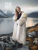 Full-length fur parka with fur-lined hood and long sleeves over black inner top.