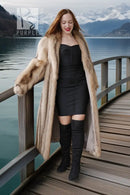 Ivory raccoon fur coat, full length with open front and draped sleeves