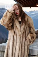 Ivory raccoon fur coat, close-up front, plush hoodless collar and pocket seam