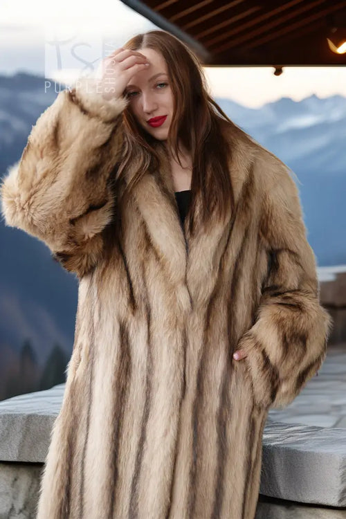 Ivory raccoon fur coat, close-up front, plush hoodless collar and pocket seam