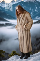 Ivory raccoon fur coat, three-quarter view, full length hem and standing collar