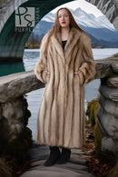 Ivory platinum raccoon coat, long silhouette, standing front with raised collar