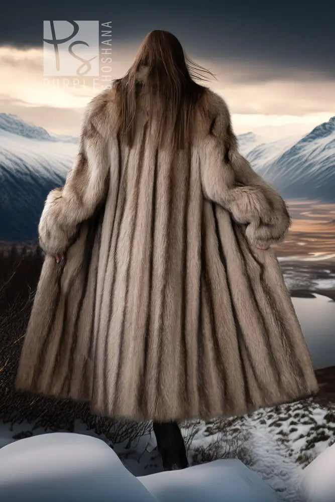 Ivory raccoon fur coat, back view, long vertical fur stripes and flared sleeves