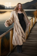 Ivory platinum raccoon coat with plush texture, long swing silhouette
