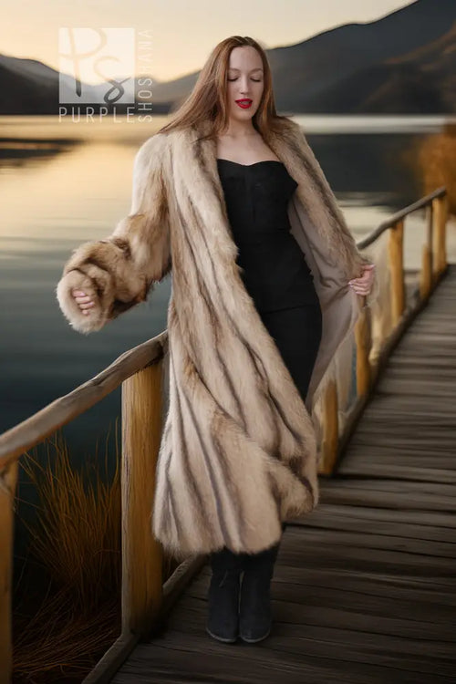 Ivory platinum raccoon coat with plush texture, long swing silhouette