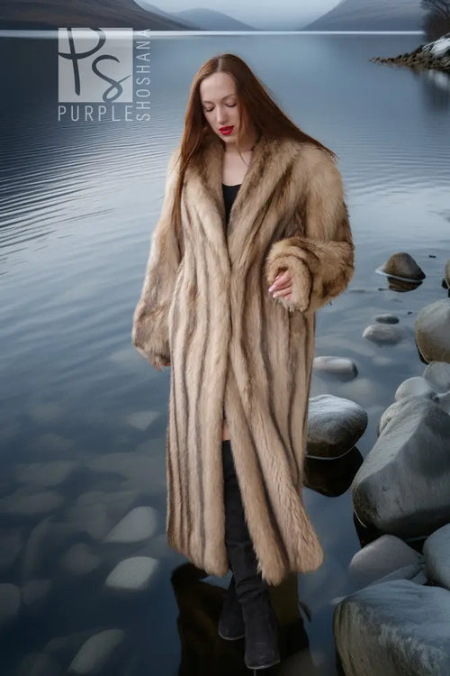 Ivory raccoon fur coat, front view, open middle and long vertical fur texture