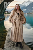 Platinum raccoon fur coat in ivory, full-length, open collar and front pockets