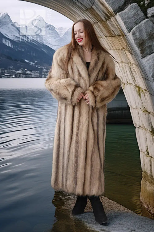 Ivory platinum raccoon coat, front view with belted look and long sleeves