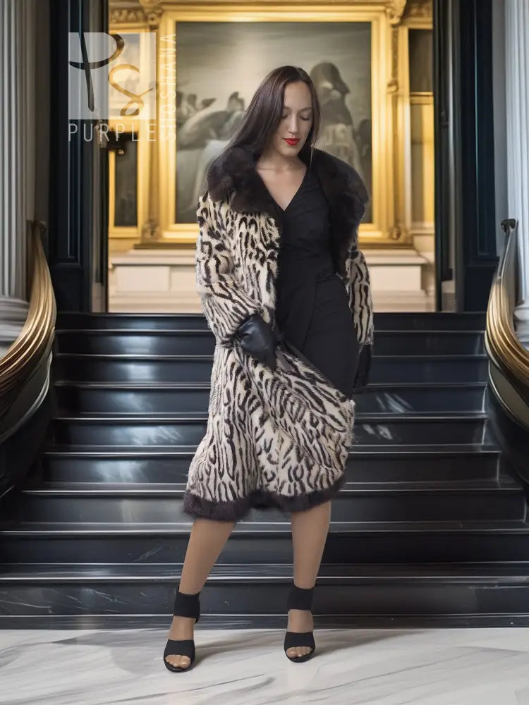 Stenciled mink coat with leopard pattern, black fur collar, belted waist, knee length