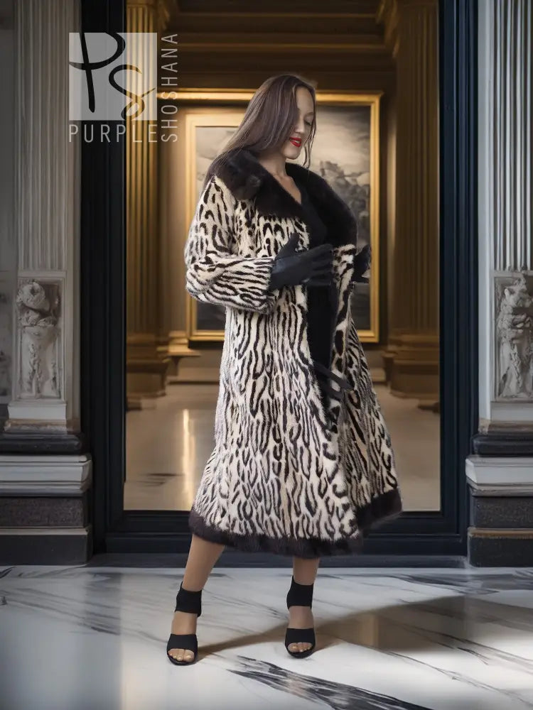 Stenciled mink coat with leopard print and black fur trim, full length front view