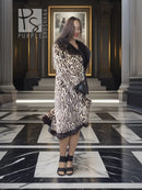Stenciled mink coat with leopard print, black belt, long sleeves, mid length