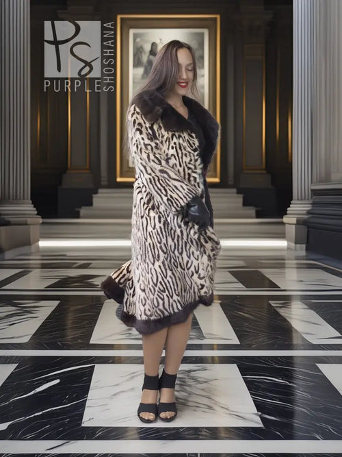 Stenciled mink coat with leopard print, black belt, long sleeves, mid length
