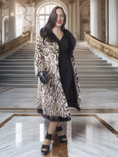 Stenciled mink coat with leopard print, black fur collar, midi dress underneath