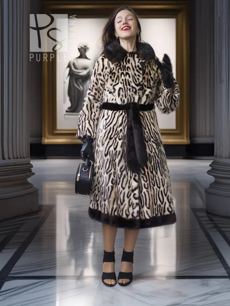 Stenciled mink coat with leopard pattern, black belt, black fur collar and cuffs, mid length