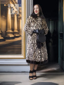 Stenciled mink coat with leopard pattern, black fur cuffs, belted waist, full length