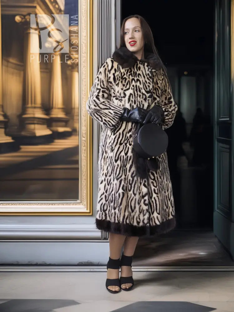 Stenciled mink coat with leopard pattern, black fur cuffs, belted waist, full length