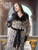 Stenciled mink coat with leopard print, black fur sleeves and waist tie belt