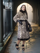 Stenciled mink coat with leopard pattern, black fur cuffs, belted waist, full length