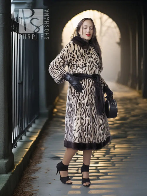 Stenciled mink coat with leopard pattern, black fur cuffs, belted waist, full length