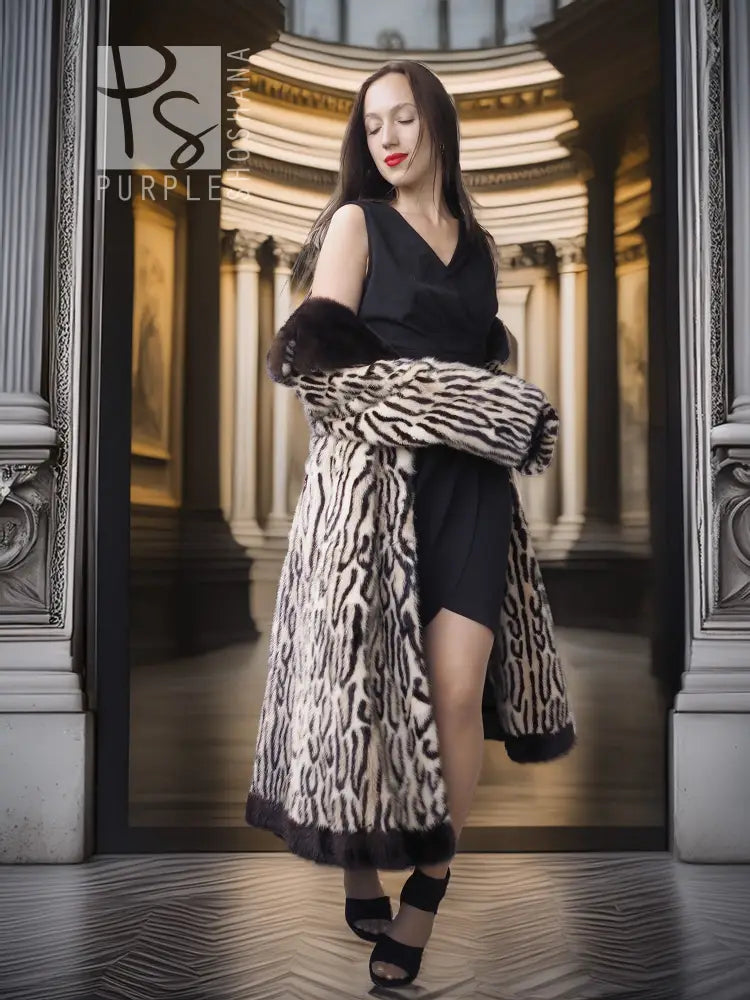 Stenciled mink coat with leopard pattern, black fur cuffs, worn over black dress