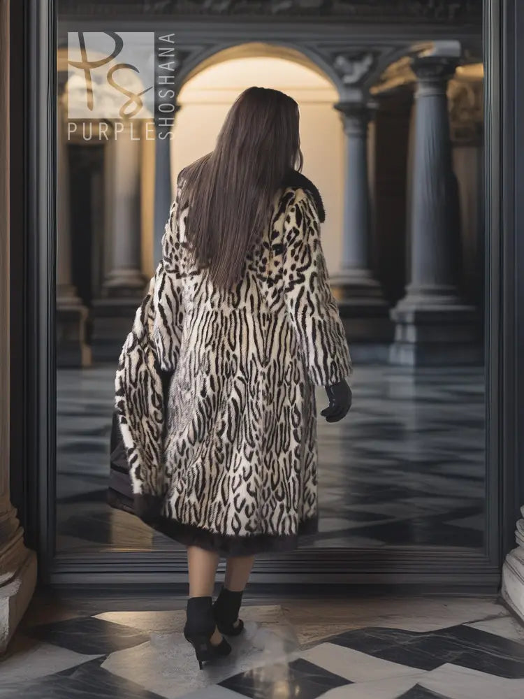 Stenciled mink coat with leopard pattern, back view with long swing hem