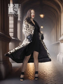 Stenciled mink coat with leopard print, belted waist and black fur collar