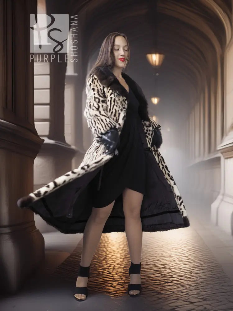 Stenciled mink coat with leopard print, belted waist and black fur collar