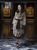 Stenciled mink coat with leopard print and black belt, mid length, long sleeves