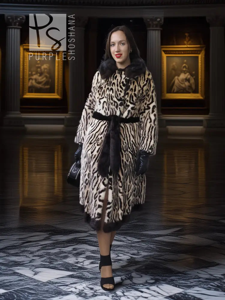Stenciled mink coat with leopard print and black belt, mid length, long sleeves