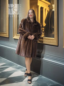 Dark brown mink swing coat with oversized collar and fold-back cuffs, swing fit