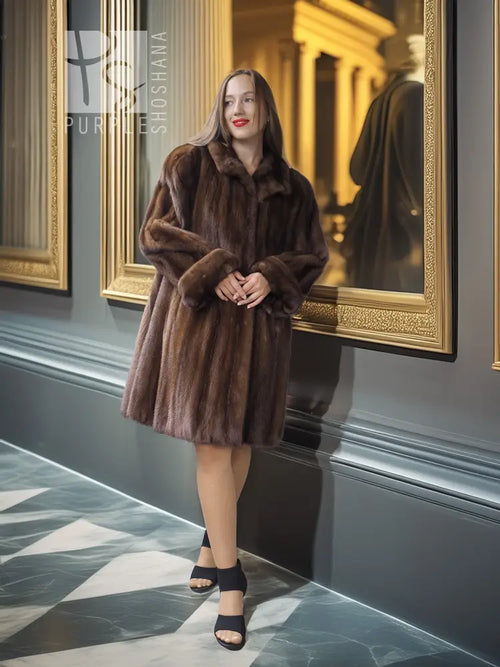 Dark brown mink swing coat with oversized collar and fold-back cuffs, swing fit