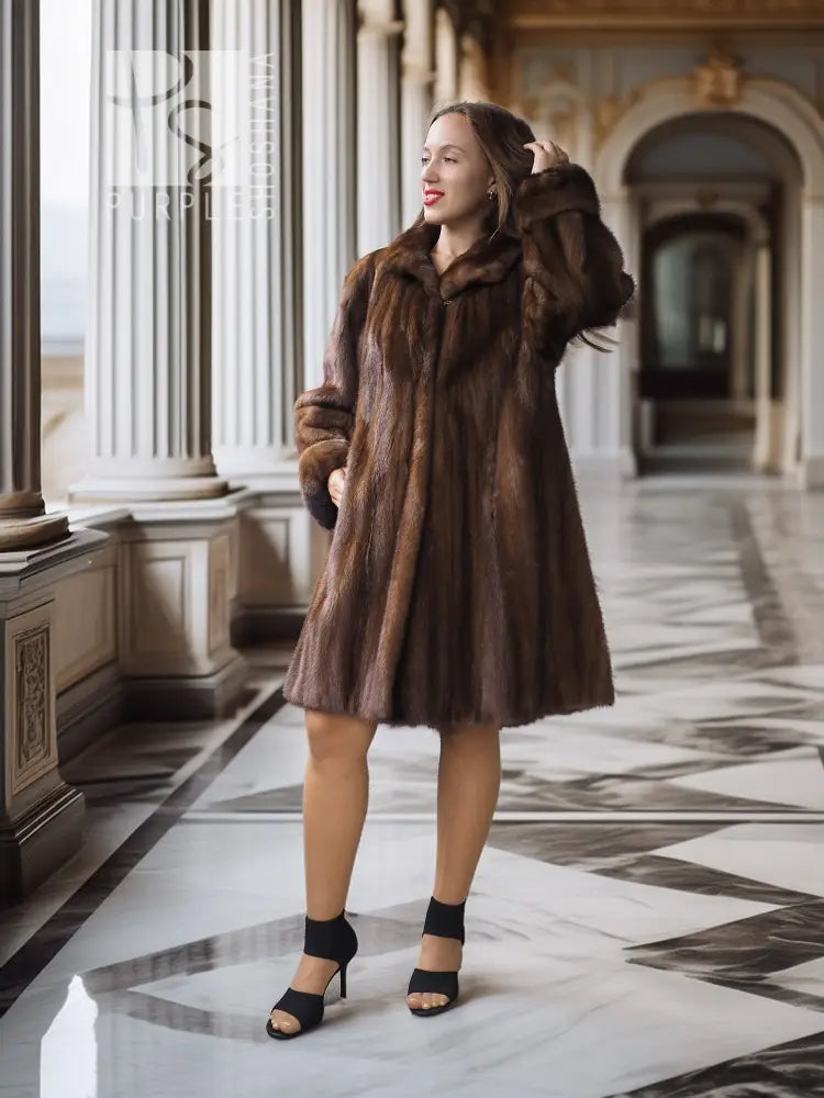 Brown mink swing stroller coat with stand collar and full button front
