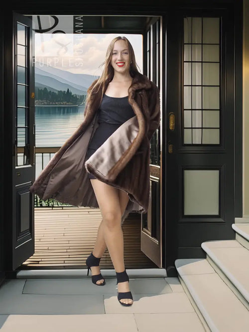 Tan-brown mink swing coat with folded-back cuffs and open front, standing pose.