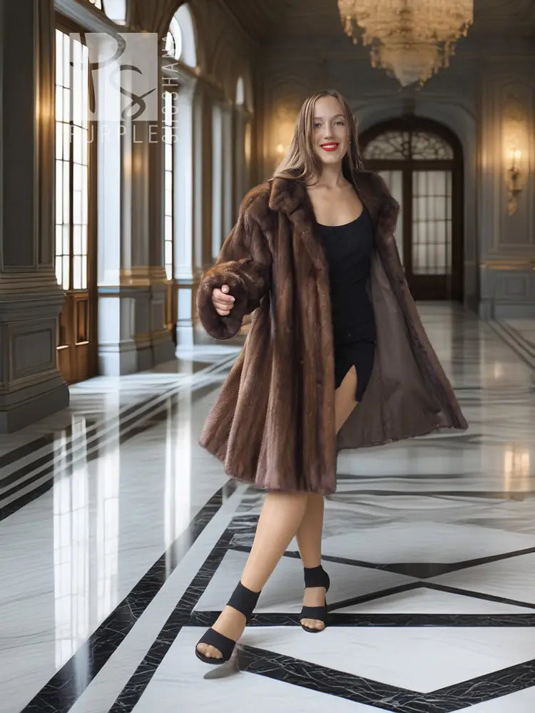 Brown mink swing coat with raised collar, flared hem, and cape-like sleeves