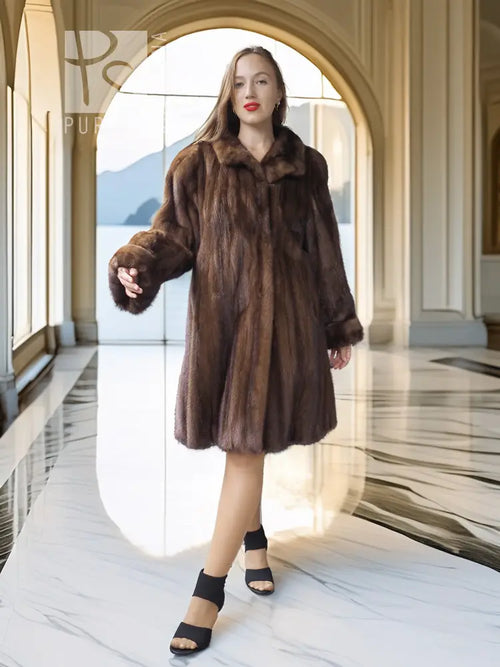Dark brown mink swing coat with structured collar and mid-thigh flared hem