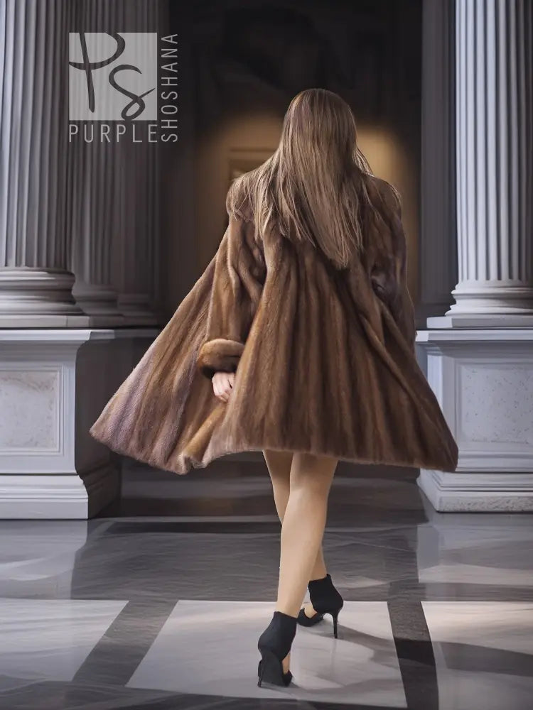 Dark brown mink swing coat with draped back, wide collar, and full flared hem