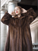 Brown mink coat with raised collar and fold-back cuffs, close-up on shoulders
