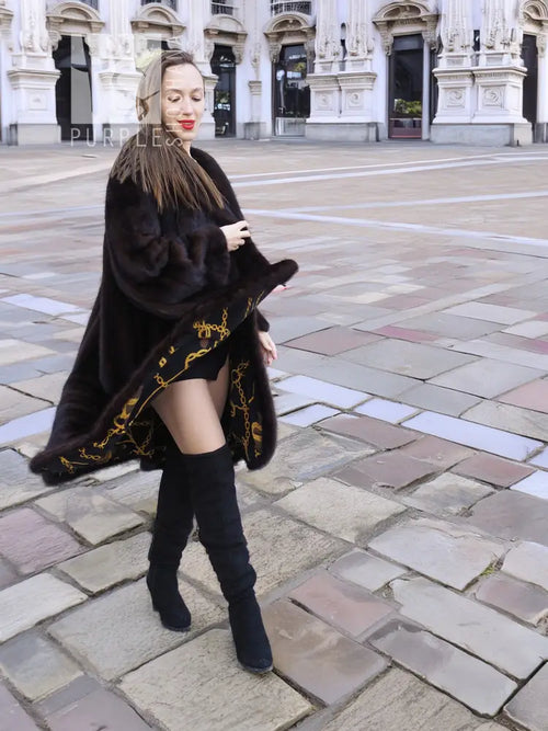 Dark mink swing coat with gold baroque trim on hem, long sleeves, open front