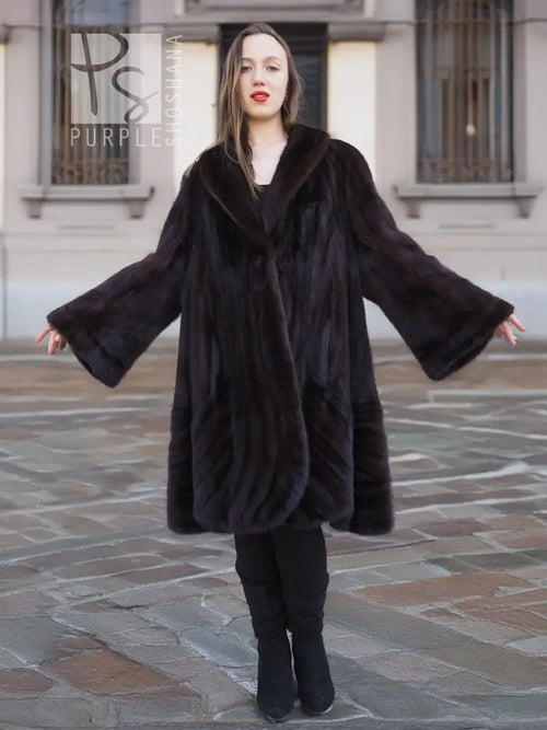 Dark brown mink swing coat with flared cuffs and open front