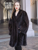 Dark brown mink swing coat with plush texture and open collar