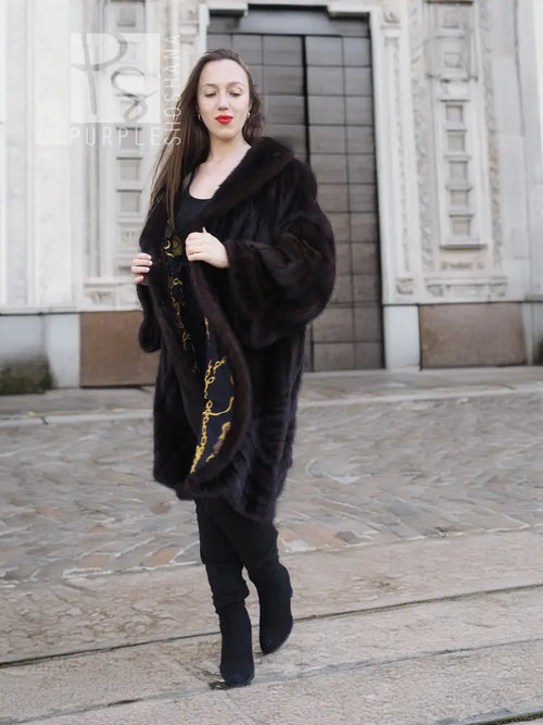 Dark mink swing coat with gold baroque lining, long sleeves, open front