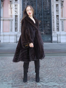Dark brown mink swing coat with open front and flared sleeves