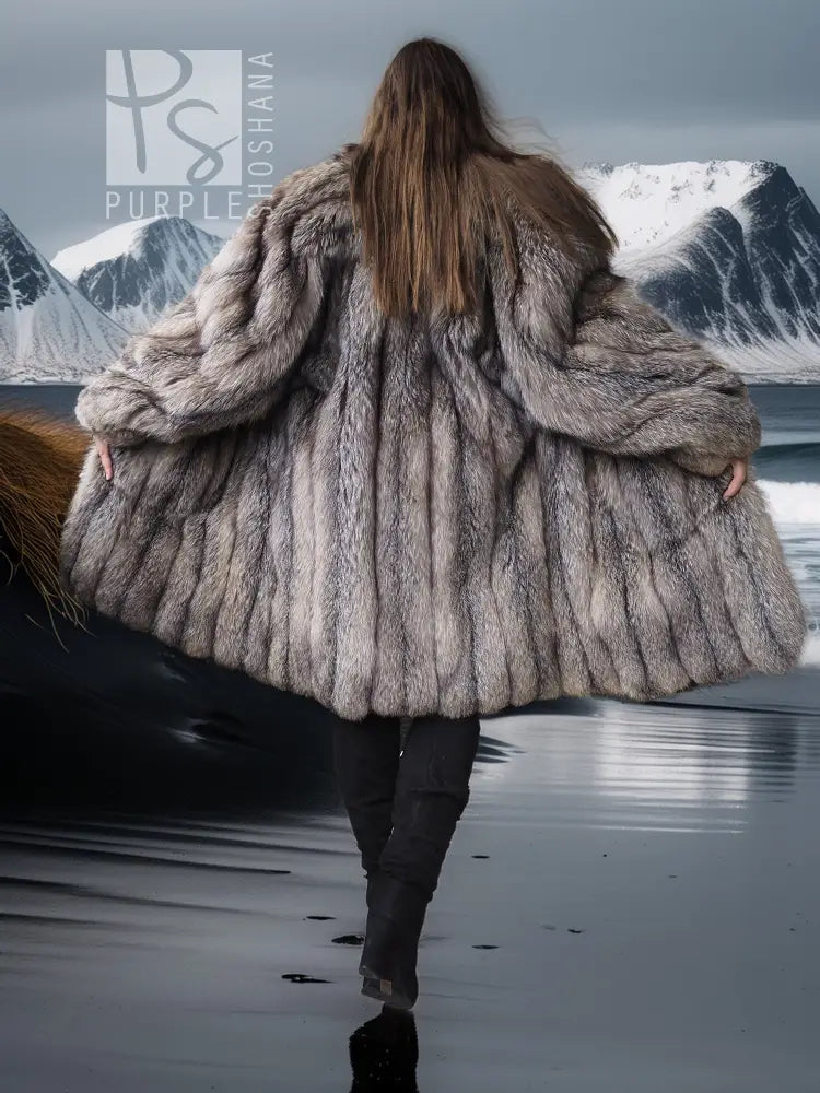 Gray fox fur jacket, back view, wide layered collar and flared hem