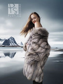Gray fox fur jacket with wide layered collar and long sleeves